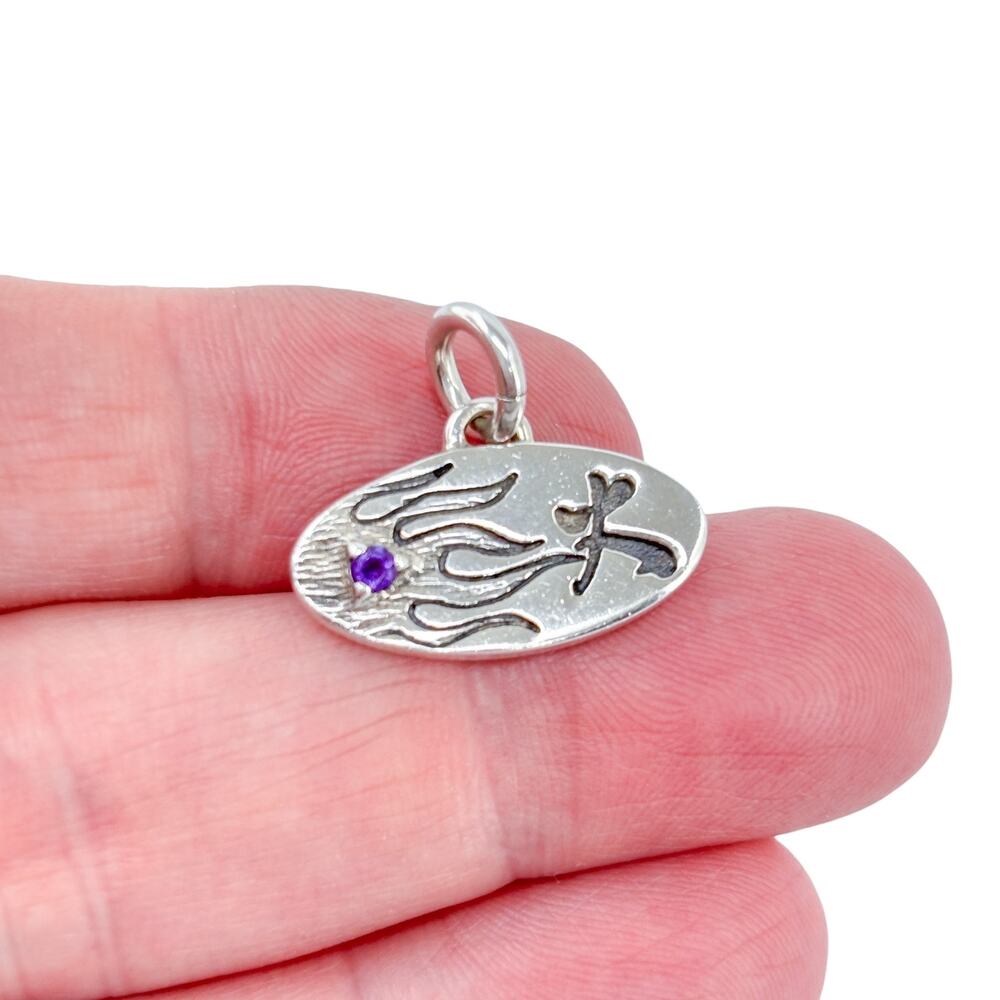 Vintage Sterling Silver 925 Chinese Fire Symbol Amethyst Pendant Charm